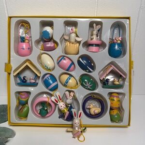 Vintage Wooden Easter Tree Ornaments Bunny Eggs Birds Baskets Birdhouse